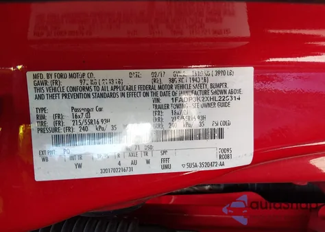 2017 Ford Focus Se z USA, uszkodzony, nr VIN 1FADP3K2XHL225314